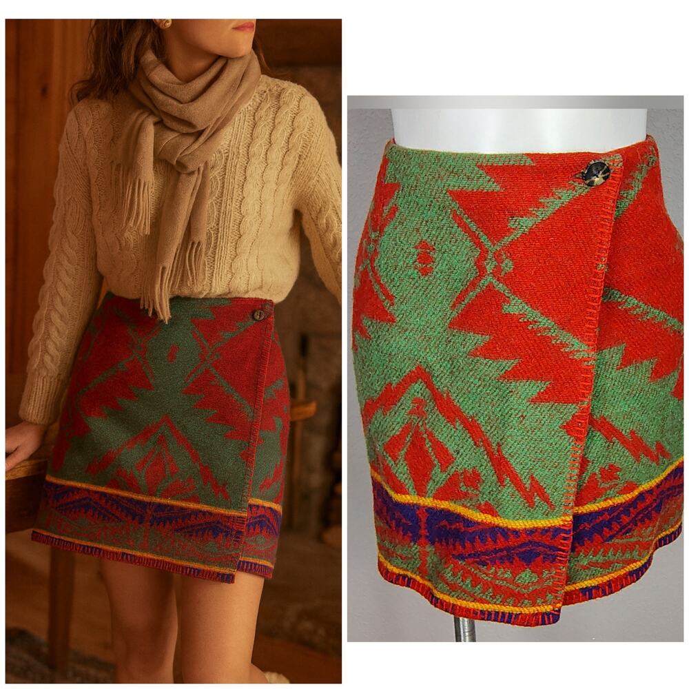 Ralph Lauren Country Wool Southwest Tribal Blanket Skirt Red Blue Green 6